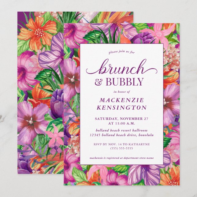 Invitation Fête des mariées à bulle à brunch floral tropical (Devant / Derrière)