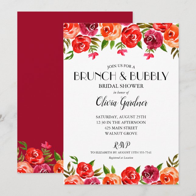 Invitation Fête des mariées à bulles à la florale rouge (Devant / Derrière)