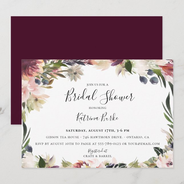 Invitation Fête des mariées à cadre floral de prune (Devant / Derrière)