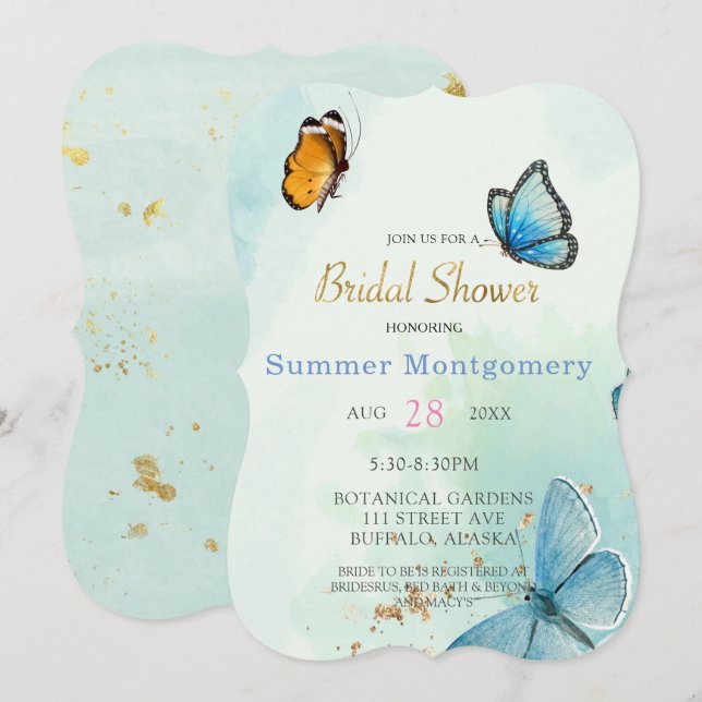 Invitation Fête des mariées à papillon bleu Turquoise chic (Devant / Derrière)