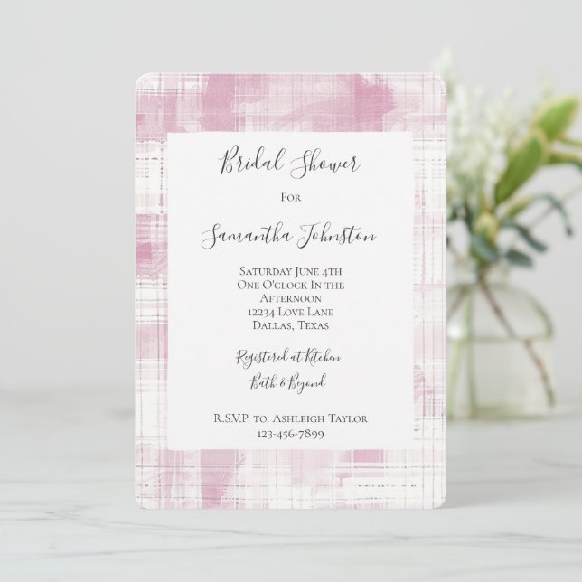 Invitation Fête des mariées à rayures blanches en plis rose (Debout devant)