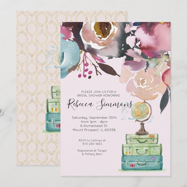 Invitation Fête des mariées à thème de voyage (Devant / Derrière)