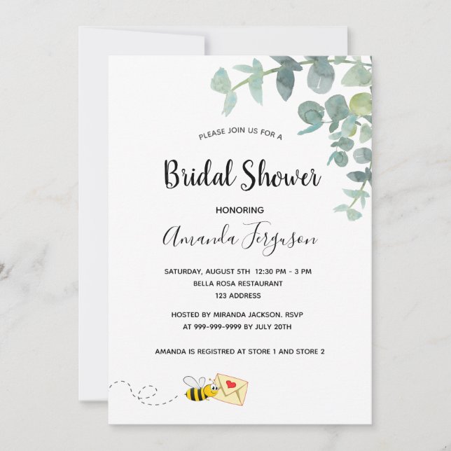 Invitation Fête des mariées abeille mignonne eucalyptus blanc (Devant)