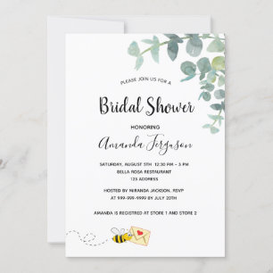 Invitation Fête des mariées abeille mignonne eucalyptus blanc