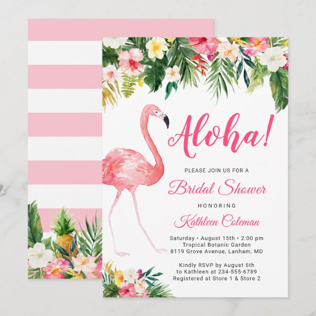 Invitation Fête des mariées Aloha Luau Flamant rose tropical  (Devant / Derrière)