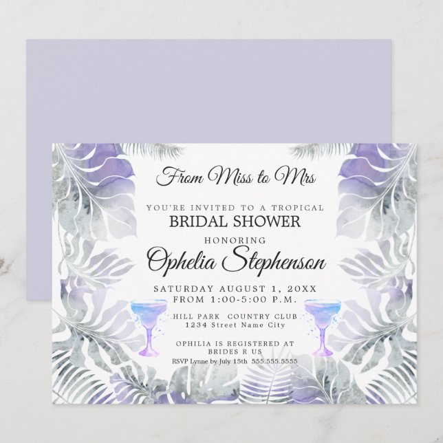 Invitation Fête des mariées Améthyste Aquarelle tropicale à f (Devant / Derrière)