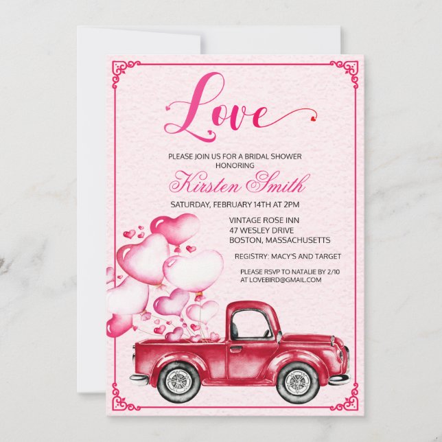 Invitation Fête des mariées Amour Coeur Camion Ballons Invita (Devant)
