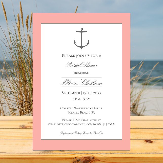 Invitation Fête des mariées Ancre simple | Corail (Coral Simple Nautical Anchor Bridal Shower Invitation)