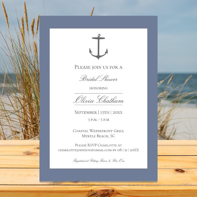 Invitation Fête des mariées Ancre simple | Dusty Blue (Dusty Blue Simple Nautical Anchor Bridal Shower Invitation)