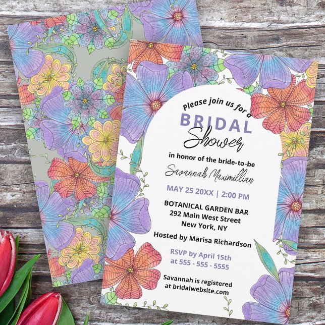 Invitation Fête des mariées animée de floraison de Boho viole (Créateur téléchargé)