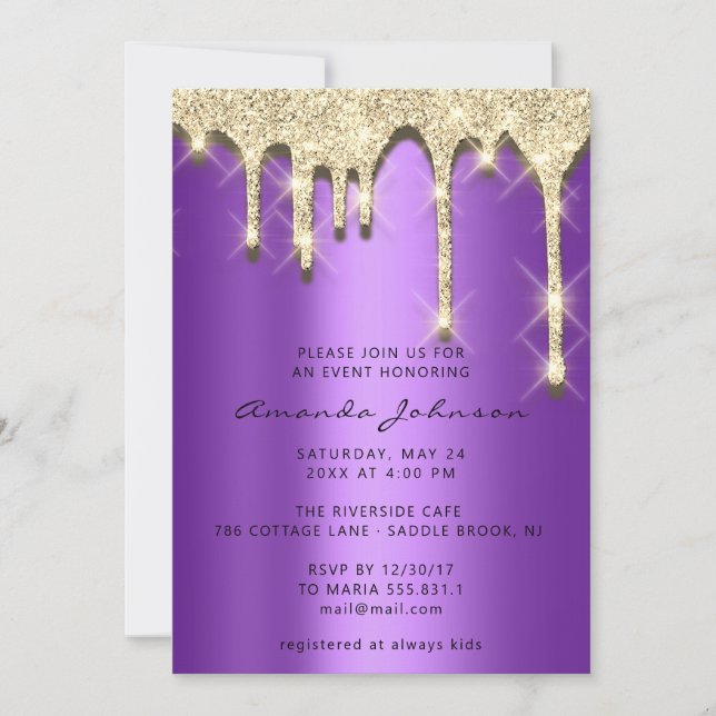 Invitation Fête des mariées Anniversaire 16ème Gold 3D violet (Devant)