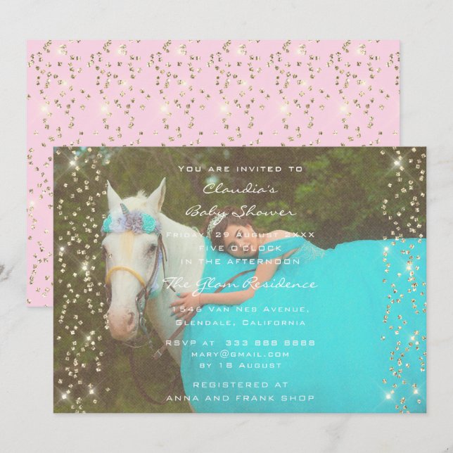 Invitation Fête des mariées Anniversaire Pink Gold Unicorn Pa (Devant / Derrière)
