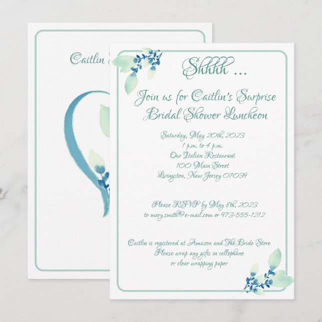 Invitation Fête des mariées, Aqua Outline Watercolor (Devant / Derrière)