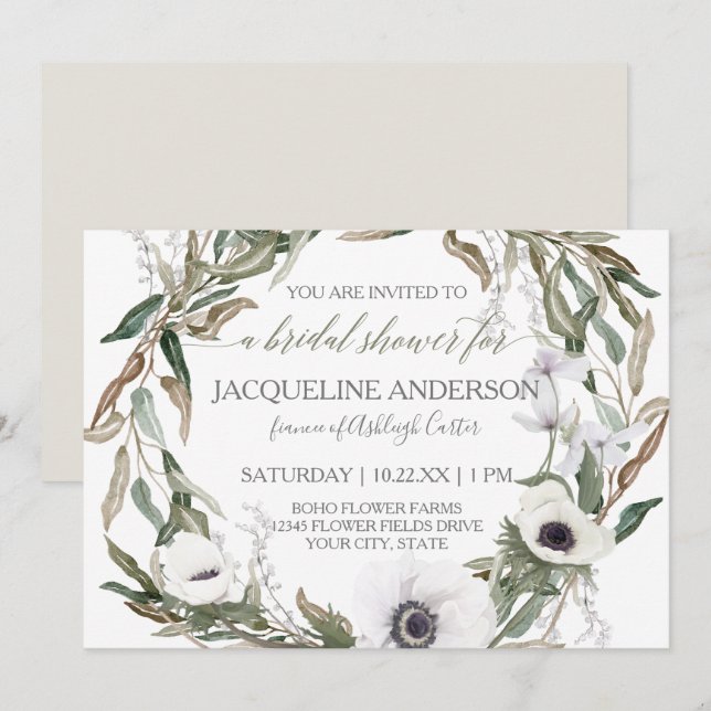 Invitation Fête des mariées Aquarelle Anémone Olive Leaf Wrea (Devant / Derrière)