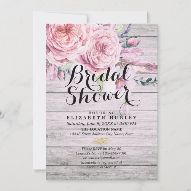 Invitation Fête des mariées Aquarelle Boho Floral Bois rustiq (Devant)