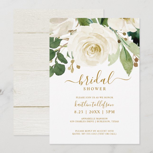 Invitation Fête des mariées Aquarelle Bouquet Vert blanc (Devant / Derrière)