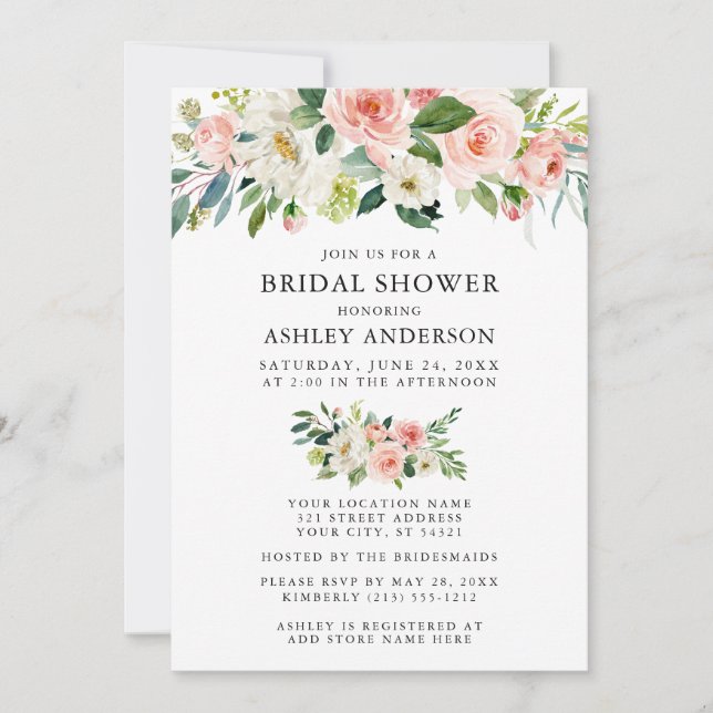 Invitation Fête des mariées Aquarelle Floral rose Blush Éléga (Devant)