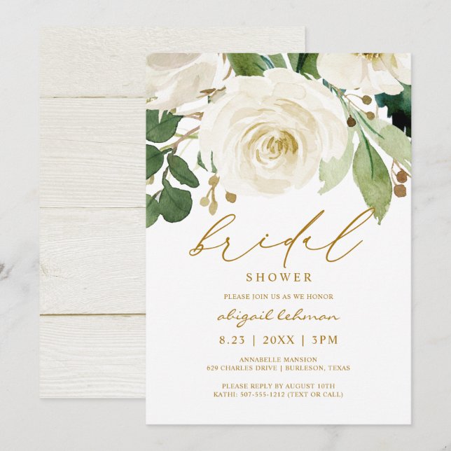 Invitation Fête des mariées Aquarelle Florale Blanc Vert 2 (Devant / Derrière)