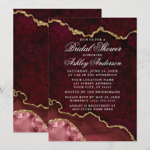 Invitation Fête des mariées Aquarelle Marbre d'or bordeaux