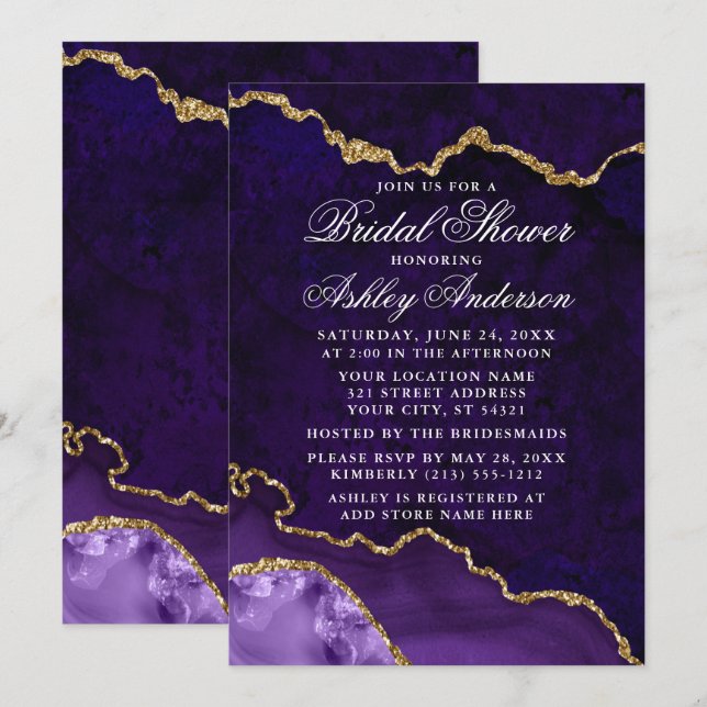 Invitation Fête des mariées Aquarelle Purple Gold Marble Geod (Devant / Derrière)