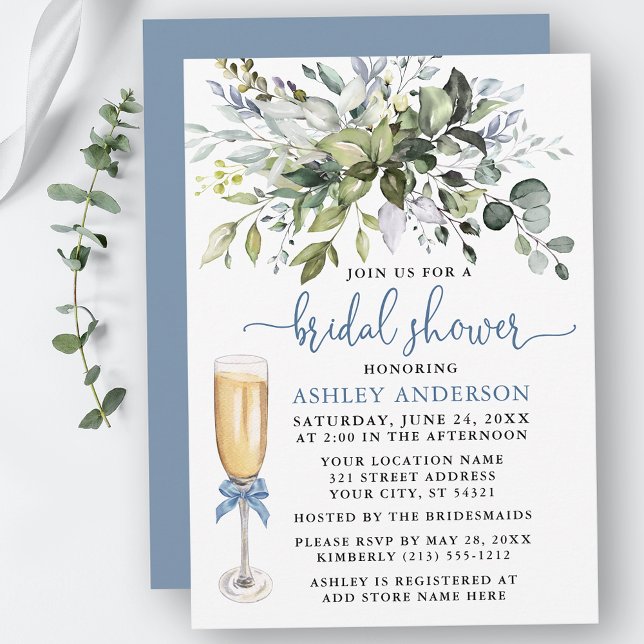 Invitation Fête des mariées Aquarelle Verdure Bow bleu Dusty (Customize to change your personalized text color, text style or color of back of card.)