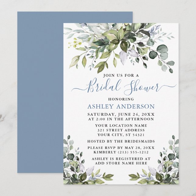 Invitation Fête des mariées Aquarelle Verdure Dusty Blue (Devant / Derrière)