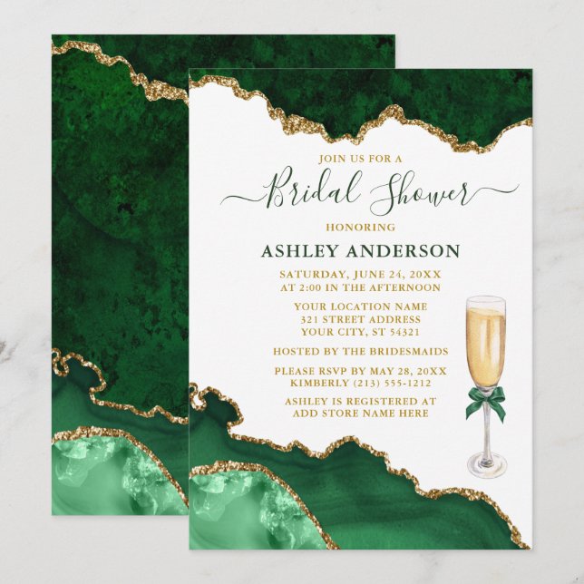 Invitation Fête des mariées Aquarelle Vert Marbre Géode Or (Devant / Derrière)
