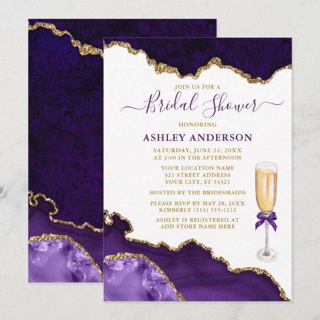 Invitation Fête des mariées Aquarelle violet Marbre Géode Or (Devant / Derrière)