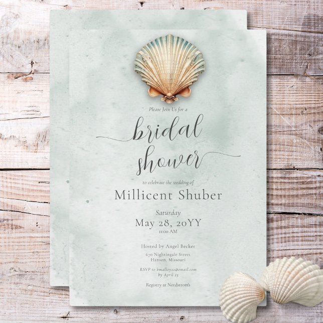 Invitation Fête des mariées aquatique moderne Coastal Seashel (Modern Coastal Seashell Aqua Bridal Shower Invitation)
