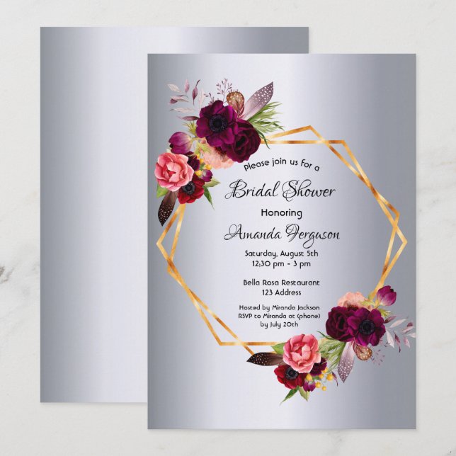 Invitation Fête des mariées argent floral géométrique (Devant / Derrière)