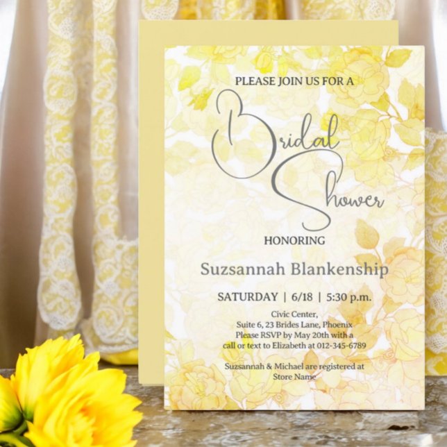 Invitation Fête des mariées Arrière - plan Pastel Floral subt (Front & Back Design Examples for yellow floral bridal shower invitation.)
