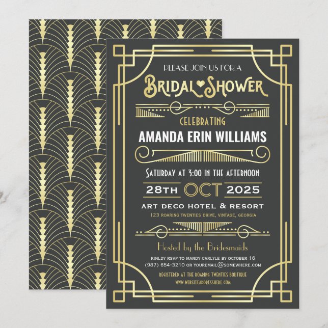 Invitation Fête des mariées Art Déco élégant Gold Grey Retro (Devant / Derrière)