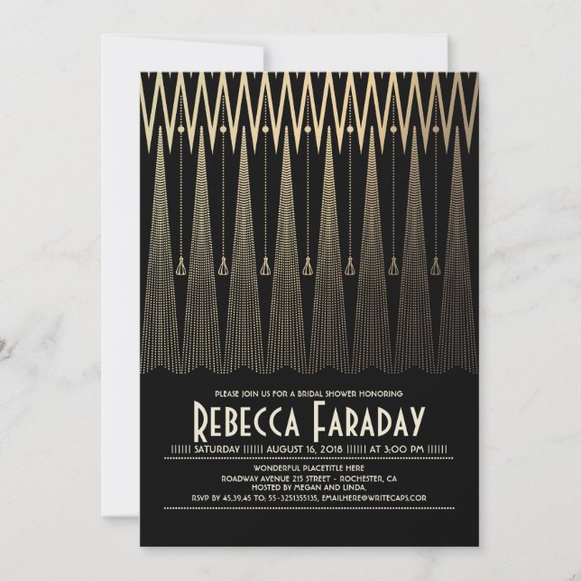 Invitation Fête des mariées Art Déco Gatsby Noir et Or (Devant)