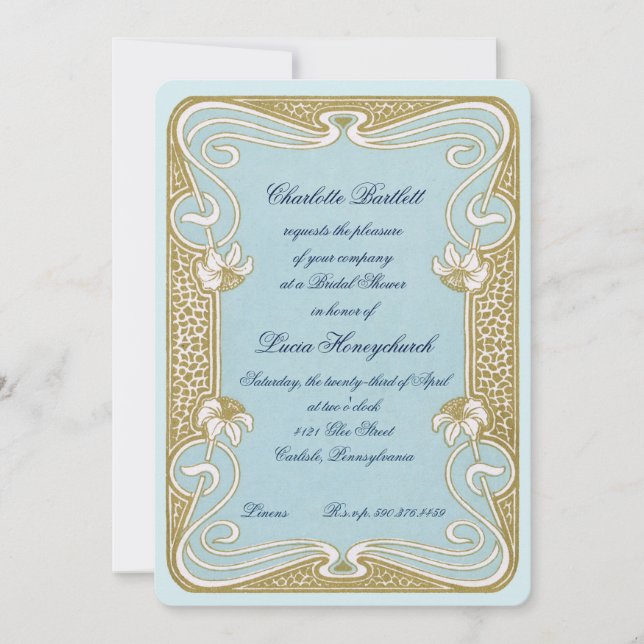 Invitation Fête des mariées Art Nouveau Bleu & Or (Devant)