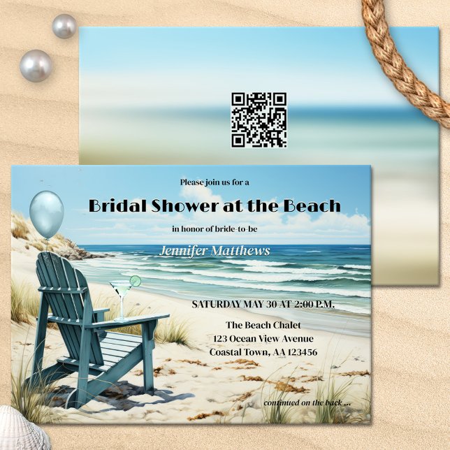 Invitation Fête des mariées au Beach (Beach bridal shower invitation featuring a vintage lounge chair + cocktail on a coast with dunes)