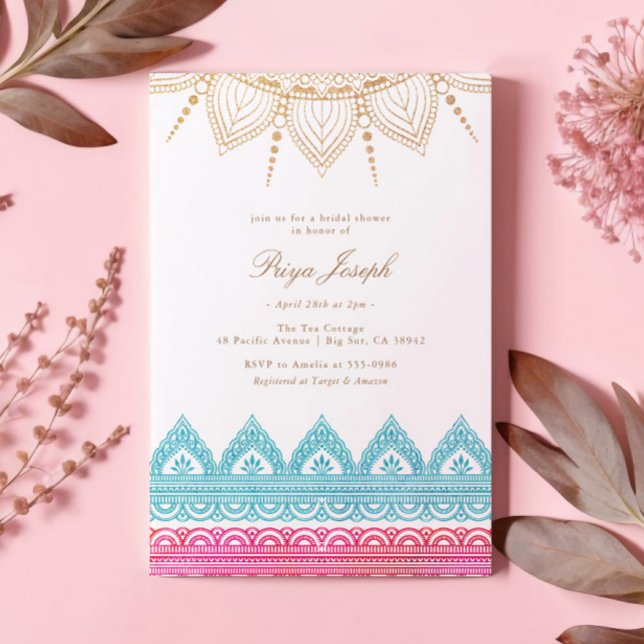 Invitation Fête des mariées au henné indien rose or (Créateur téléchargé)
