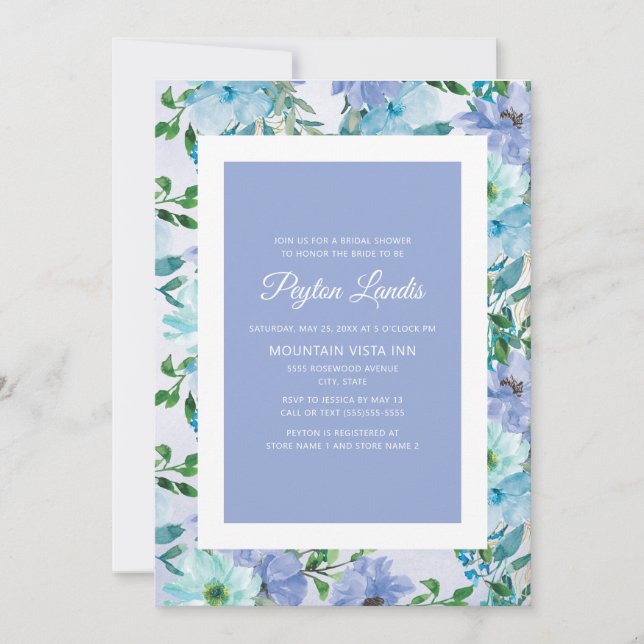 Invitation Fête des mariées aux fleurs bleues poussières (Devant)