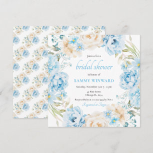 Invitation Fête des mariées aux fleurs de pivoines bleues et 