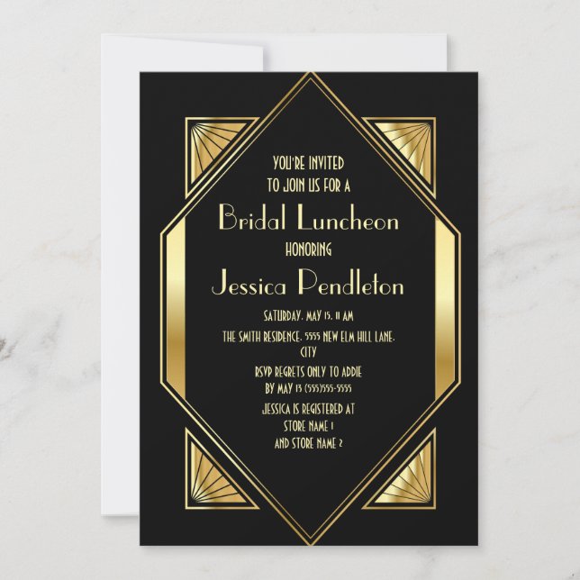 Invitation Fête des mariées Black Gold Art Déco (Devant)