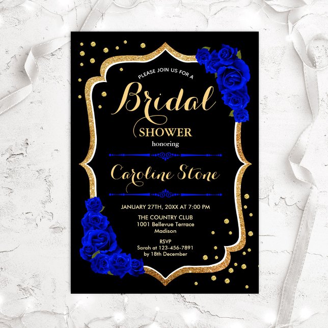 Invitation Fête des mariées - Black Gold Royal Blue (Créateur téléchargé)