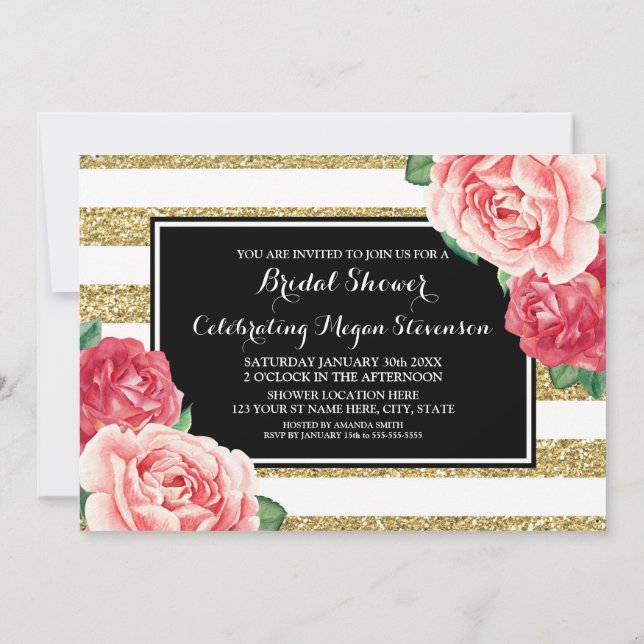 Invitation Fête des mariées Black Gold Stripes rose Fleurs (Dos)