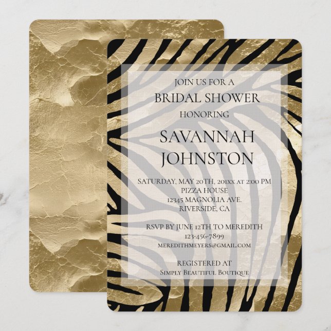 Invitation Fête des mariées Black Gold Zebra (Devant / Derrière)