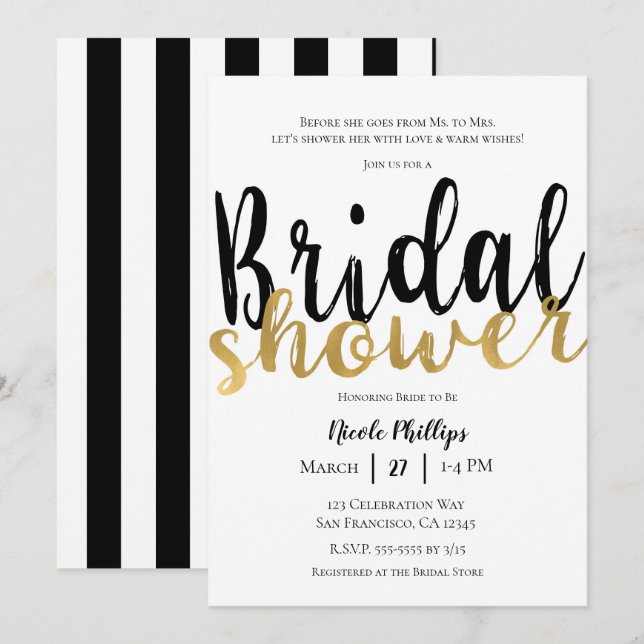 Invitation Fête des mariées Black White Gold Modern Glam (Devant / Derrière)