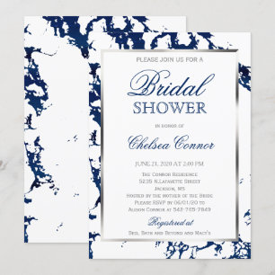 Invitation Fête des mariées - Blanc, Marbre Bleu Marine & Arg