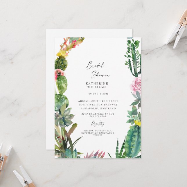 Invitation Fête des mariées blanche botanique tropicale (Devant/Arrière en situation)