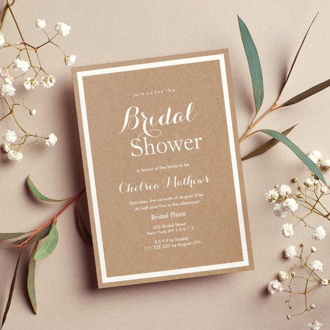 Invitation Fête des mariées blanche en papier brun simple mod (Modern simple brown paper white Bridal Shower)