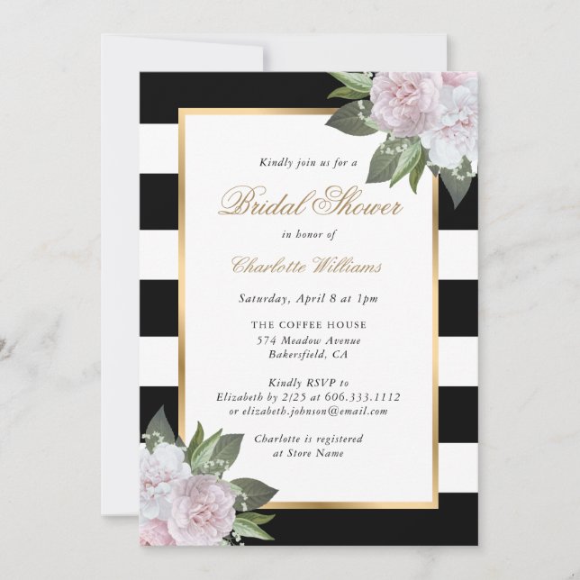 Invitation Fête des mariées blanche noire rose rose floral (Devant)