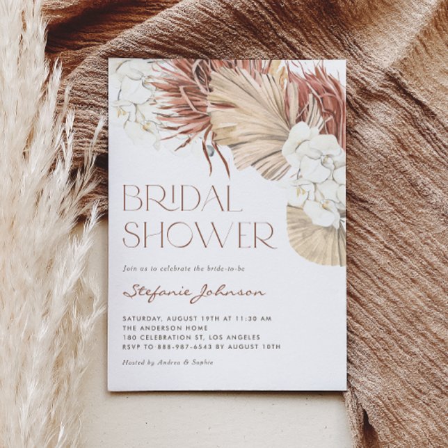 Invitation Fête des mariées blanche orchidée et palmier séché (This boho bridal shower invitation features watercolor orchids, pampas grass, and dried palm leaves.)