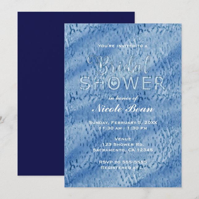 Invitation Fête des mariées Bleu Abstraite pluie gouttes d'in (Devant / Derrière)