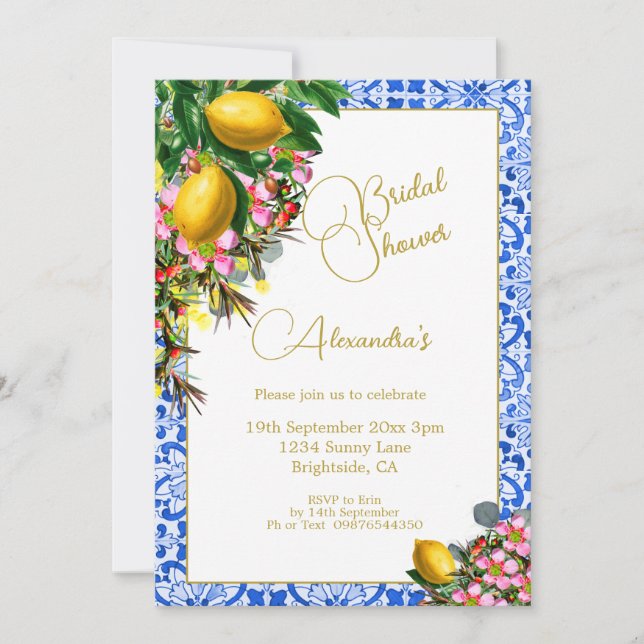 Invitation Fête des mariées Bleu Carrelage Blanc citrons Flor (Devant)